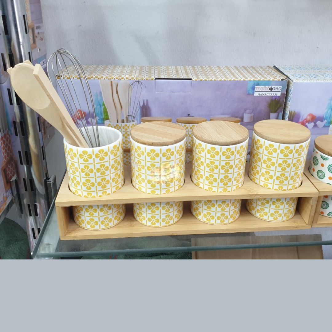Ensemble de 4 pots à épices en céramique/bambou