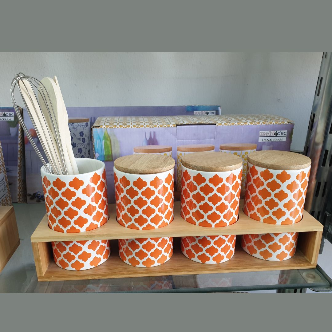 Ensemble de 4 pots à épices en céramique/bambou