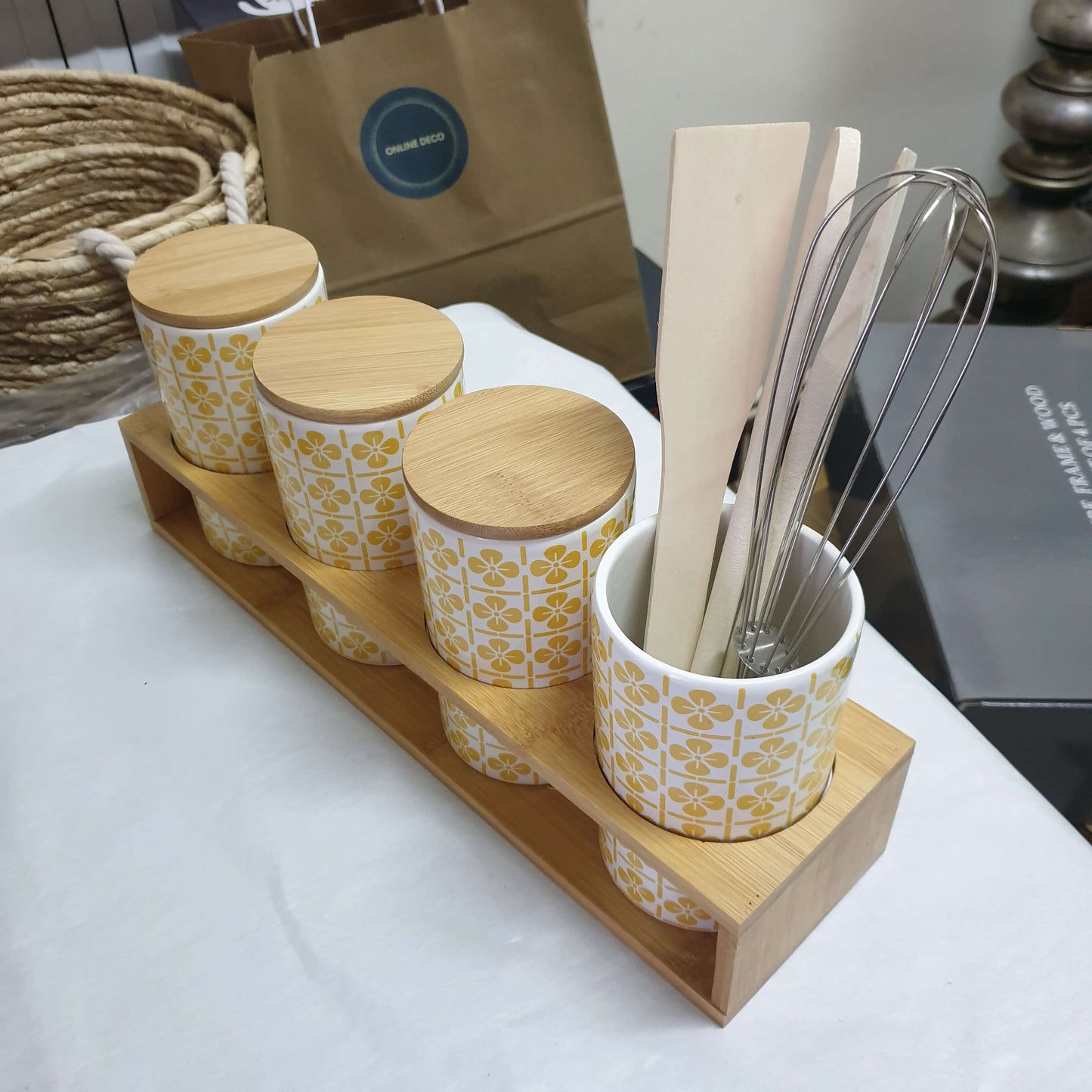 Ensemble de 4 pots à épices en céramique/bambou