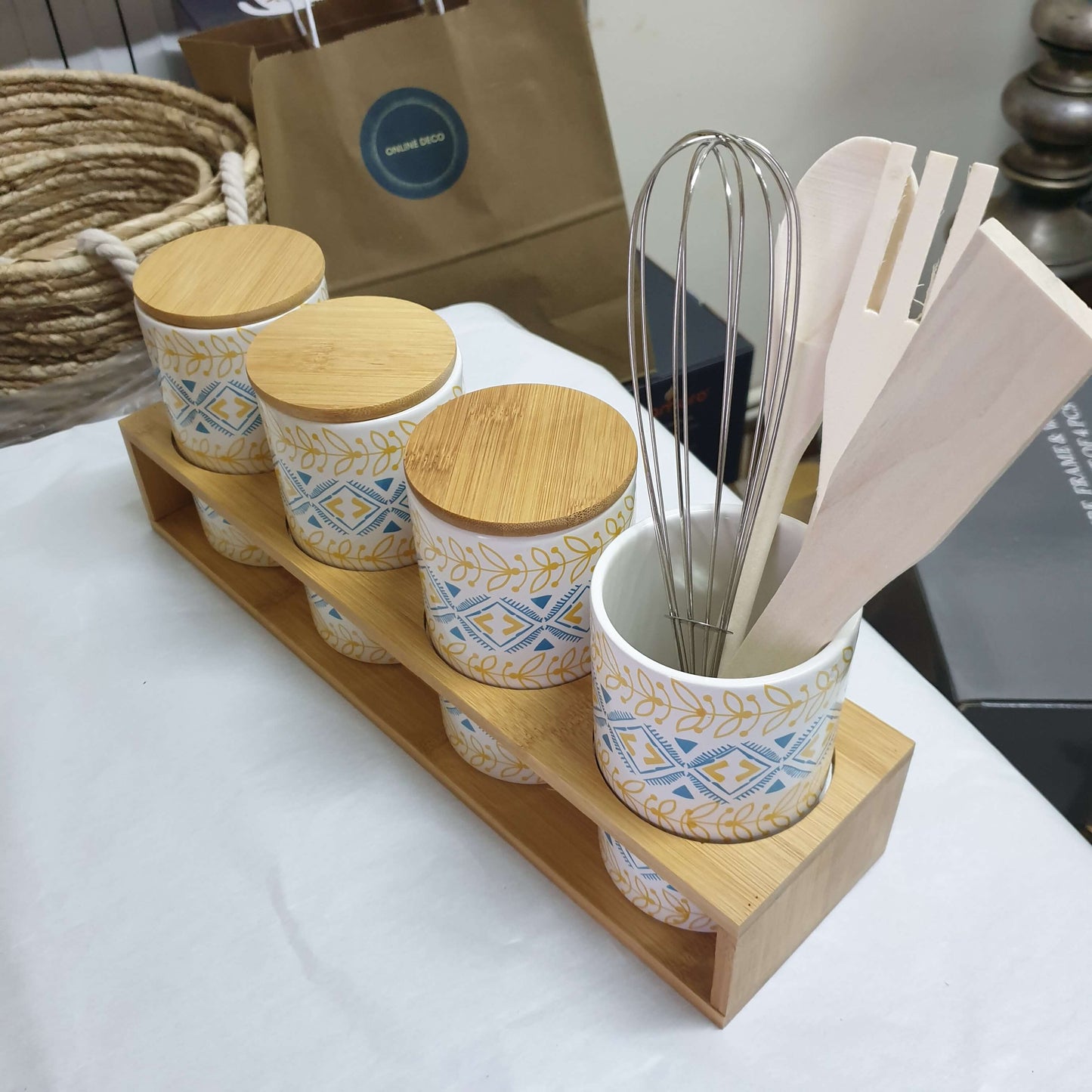 Ensemble de 4 pots à épices en céramique/bambou